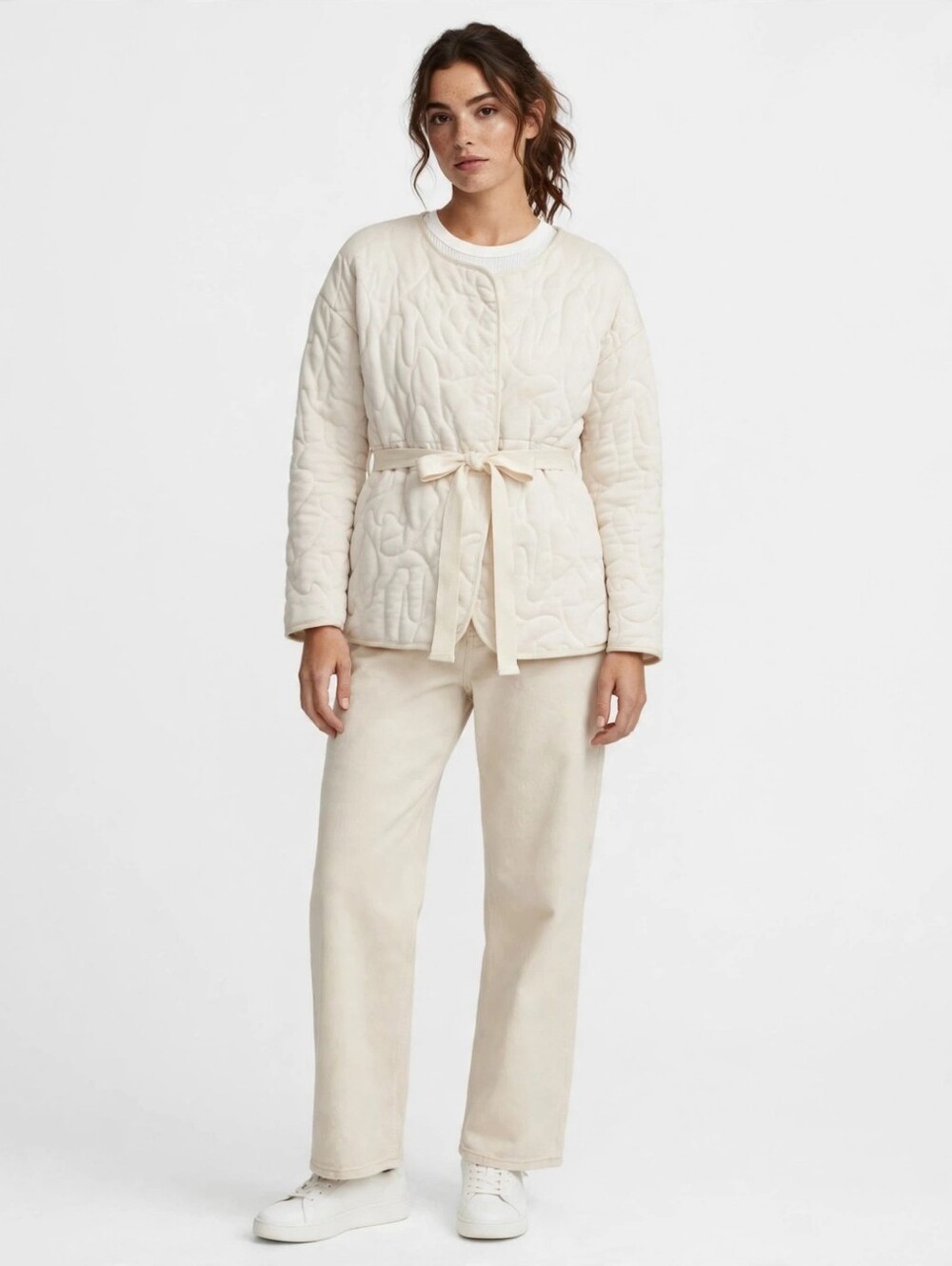 Mango Quilted Cream Women's Tie-Front Jacket - Small Size